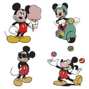 Puede incluir: Cuatro imágenes de Mickey Mouse en varias poses. Uno sostiene algodón de azúcar, otro monta en un scooter, un tercero usa gafas de sol y el último hace malabarismos con pelotas. Mickey lleva sus clásicos pantalones cortos rojos, zapatos amarillos y orejas negras.
