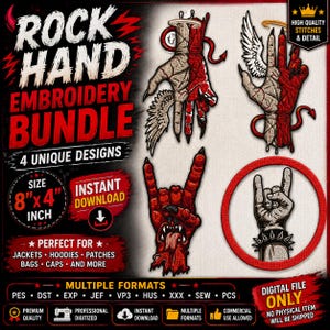May include: Rock Hand Embroidery Bundle digital file. Features four unique designs: a hand with angel wings and a halo, a hand with devil horns and a tail, a hand making the rock on gesture, and a red devil hand. The size is 20cm x 10cm.
