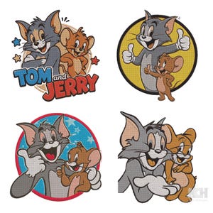 May include: Four embroidered patches featuring Tom the grey cat and Jerry the brown mouse. Designs include the Tom and Jerry logo, the pair giving thumbs up in a yellow circle, a blue circle with stars, and the two characters standing together.