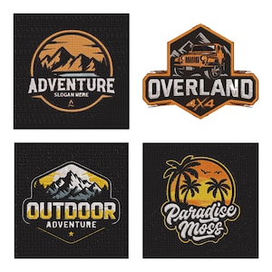 May include: Four embroidered patches with outdoor adventure themes. Designs include mountain landscapes, a 4x4 vehicle, and tropical scenes with text like "Adventure," "Overland 4x4," "Outdoor Adventure," and "Paradise Moss."