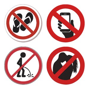 Op de afbeelding: Een set van vier ronde verbodsborden met een rode rand en een diagonale streep over zwarte iconen. De iconen tonen een paar slippers, een hand die een smartphone vasthoudt, een urinerend stokfiguurtje en een kussend stel, alles op een witte achtergrond.