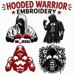May include: Four distinct embroidered designs featuring hooded figures in boxing poses. The top text reads HOODED WARRIOR EMBROIDERY. The designs include a white hooded figure with red gloves, a black hooded figure, a red geometric figure, and a black graphic.
