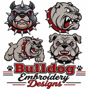May include: Four embroidered patches featuring grey bulldogs with red spiked collars and bared teeth. The text reads Bulldog Embroidery Designs, flanked by two black paw prints and horizontal red and black lines on a plain white background.