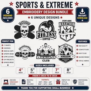May include: An embroidery design bundle with sports and extreme themes. Includes 6 unique designs, such as a skateboard shop, fitness center, and boxing club. Sizes range from 4 to 8 inches. Perfect for t-shirts, hoodies, bags, and more.