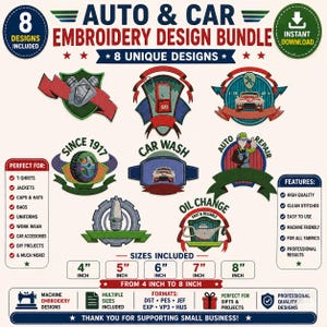 Paquete de diseños de bordado para reparación de automóviles: 8 diseños únicos de lavado de autos y cambio de aceite (de 4 a 8 pulgadas)