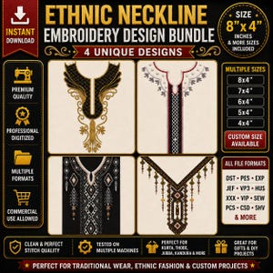 May include: An embroidery design bundle featuring four unique ethnic neckline designs. The designs are available in multiple sizes, including 8" x 4" and smaller, and various file formats. The designs are suitable for traditional wear and custom projects.