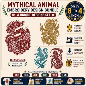 Könnte beinhalten: Ein digitales Stickdesign-Bundle mit vier einzigartigen mythischen Tierdesigns: ein roter Drache, ein goldener Löwe, eine türkisfarbene Katze und ein roter Wolf. Die Designs sind 10 bis 20 cm groß und eignen sich für Kleidung, Heimdekoration und Geschenke.
