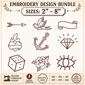Può includere: Un pacchetto di design per ricamo con vari motivi: freccia, uccello, banner, cuore con fiamme, ancora, diamante, dado, rosa e occhio. Dimensioni da 5 cm a 20 cm. Il testo indica il download immediato.