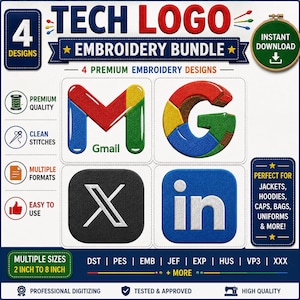 Stickpaket mit Tech-Logos | Stickdesigns für Gmail, Google und LinkedIn