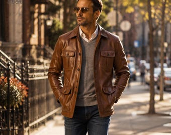 Men's Brown Leather Field Jacket | Cognac Safari Style Genuine Leather Coat | Slim Fit Smart Casual Outerwear | Handmade Gift for Him