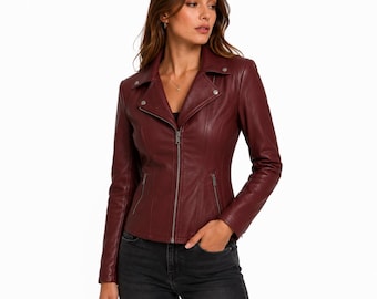 Women's Burgundy Leather Jacket | Genuine Leather Moto Biker Jacket | Wine Red Fitted Leather Coat | Asymmetric Zip Ladies Jacket | Gift