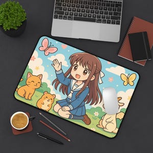 Anime Girl with Pets Desk Mat | Kawaii Schoolgirl, Cat, Hamster, Bunny Mousepad