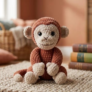 May include: A handmade crochet monkey plush toy in shades of brown and beige. The monkey has a smiling face, large black eyes, and small, rounded ears. It is sitting on a textured, off-white rug.