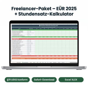 Pode incluir: Um laptop exibindo uma planilha intitulada "Einnahmen Überschuss-Rechnung 2025". A tela também mostra o texto "Freelancer-Paket - EUR 2025 + Stundensatz-Kalkulator". Abaixo, três botões verdes com os textos "§19 UStG konform", "Sofort-Download" e "Excel XLSX".