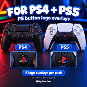 May include: A black PS4 controller and a white and black PS5 controller featuring colourful PlayStation button logo overlays. The text reads FOR PS4 + PS5, PS button logo overlays, PS4, PS5, 5 logo overlays per pack, Controllers not included, HixyStudios.