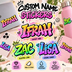 May include: Custom name stickers featuring graffiti-style lettering in vibrant gradients. Names include IFRAH, ZAC, and LISA in colourways like Sunset Vibe, Electric Lime, and Cosmic Candy. Icons indicate features: vibrant colours, peel and stick, water resistant.