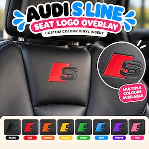 May include: A black leather car seat featuring an Audi S Line logo overlay with a red vinyl insert. The image includes text reading AUDI S LINE SEAT LOGO OVERLAY CUSTOM COLOUR VINYL INSERT and a color chart showing black, red, orange, yellow, green, blue, purple, and pink options.