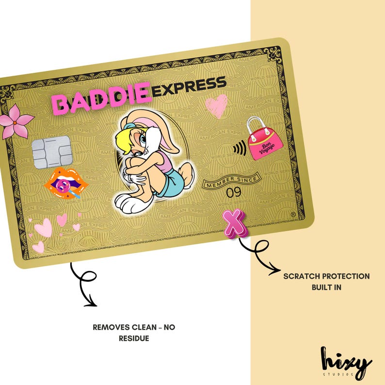 May include: A gold-coloured credit card design with the text "BADIE EXPRESS" in pink. The card features a cartoon character, decorative stickers, and the text "MEMBER SINCE 09". The card also has the text "SCRATCH PROTECTION BUILT IN" and "REMOVES CLEAN - NO RESIDUE".