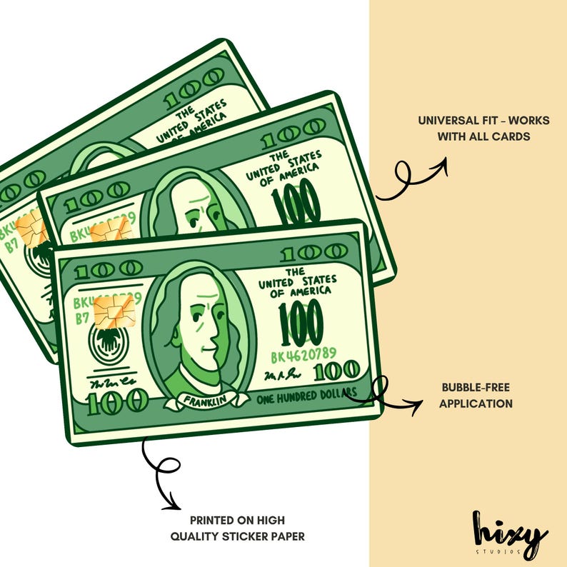 May include: Green and white sticker featuring a cartoon illustration of three $100 bills. The bills display the text "The United States of America" and "One Hundred Dollars". The sticker is printed on high-quality paper.