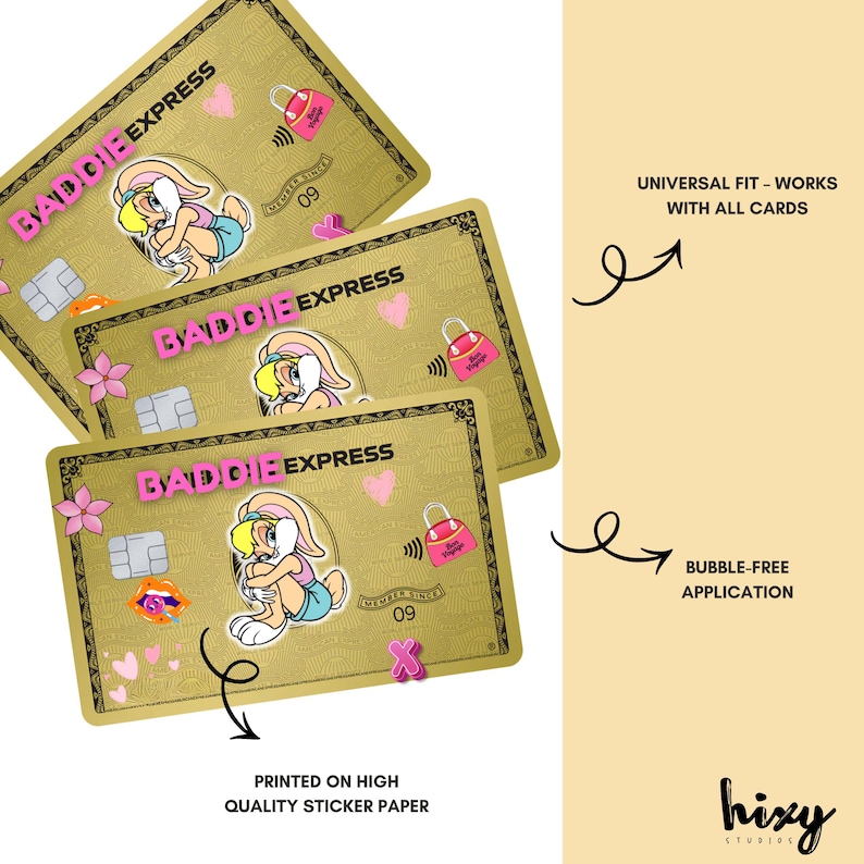 May include: Gold-toned credit card skins with the text "BADIE EXPRESS" and a cartoon bunny. The cards feature pink hearts, purses, and other graphics. The text "UNIVERSAL FIT - WORKS WITH ALL CARDS" is also visible.