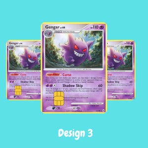 May include: Three Gengar trading cards featuring a purple ghost-like creature with red eyes and a wide grin. Each card displays the text Gengar lv.44, HP 110, and the move Curse. A gold rectangular chip is overlaid on the center of each card.