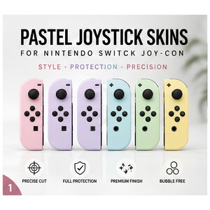 May include: Six pastel-colored skins for Nintendo Switch Joy-Con controllers, featuring pink, lavender, purple, blue, green, and yellow options. The text reads: PASTEL JOYSTICK SKINS FOR NINTENDO SWITCK JOY-CON, STYLE PROTECTION PRECISION, PRECISE CUT, FULL PROTECTION, PREMIUM FINISH, BUBBLE FREE.