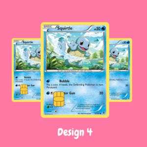 May include: Three Squirtle trading cards featuring a light blue turtle character surrounded by water splashes. Each card displays the name Squirtle, 50 HP, and the Bubble and Water Gun attacks. A gold rectangular chip is embedded on each card surface.