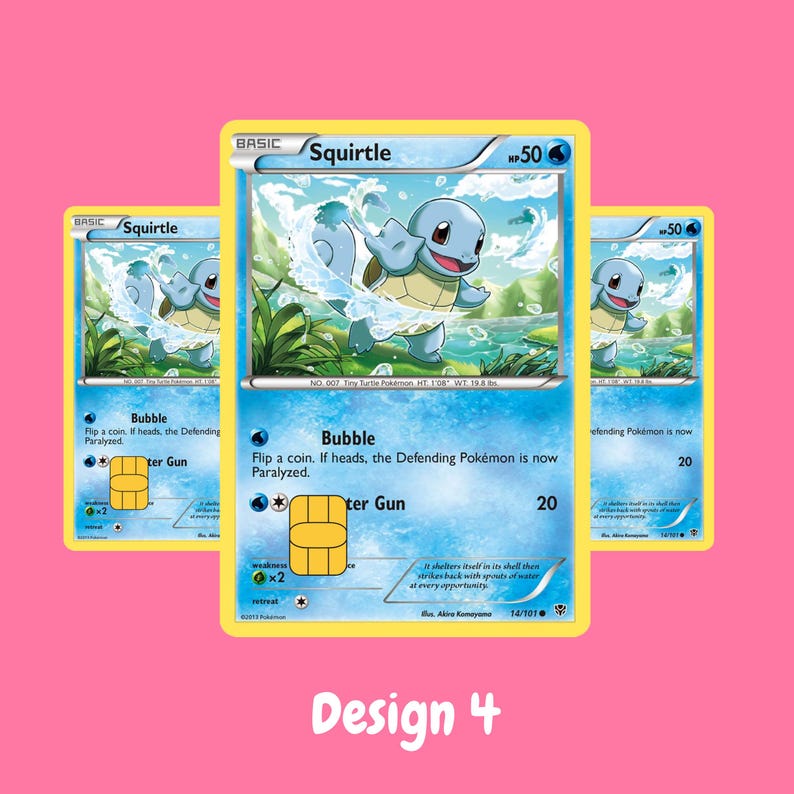 May include: Three Squirtle trading cards featuring a light blue turtle character surrounded by water splashes. Each card displays the name Squirtle, 50 HP, and the Bubble and Water Gun attacks. A gold rectangular chip is embedded on each card surface.