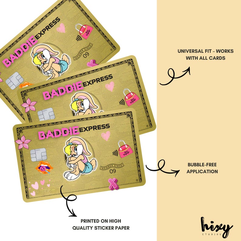 May include: Gold Baddie Express card stickers featuring a cartoon bunny, hearts, and a purse icon. The text "Baddie Express" is in pink. The stickers are printed on high-quality sticker paper and fit all cards.
