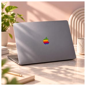 Retro regnbågsfärgad Apple-logotypklistermärke för MacBook | Vintageinspirerad laptoplogotypdekal | MacBook Air & Pro-klistermärke | Nostalgisk laptopdekal