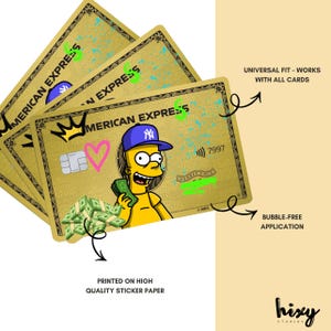 May include: Gold-colored American Express card stickers with a cartoon character wearing a blue baseball cap, holding money, and a pink heart. The cards have the text "AMERICAN EXPRESS" and "MEMBER SINCE". The text "UNIVERSAL FIT - WORKS WITH ALL CARDS" is also visible.