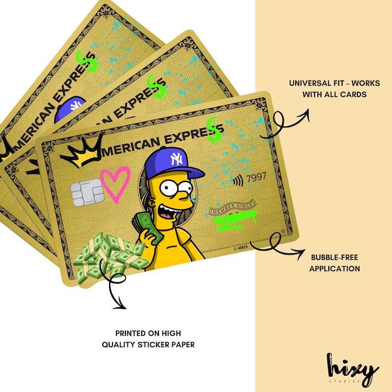May include: Gold-colored American Express card stickers with a cartoon character wearing a blue baseball cap, holding money, and a pink heart. The cards have the text "AMERICAN EXPRESS" and "MEMBER SINCE". The text "UNIVERSAL FIT - WORKS WITH ALL CARDS" is also visible.