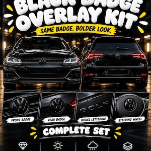 Könnte beinhalten: Ein schwarzes Emblem-Overlay-Set für Volkswagen-Fahrzeuge. Die Grafik zeigt eine Vorder- und Rückansicht eines schwarzen Autos sowie Detailaufnahmen des vorderen Emblems, des hinteren Emblems, des Modellschriftzugs und des Lenkradlogos.