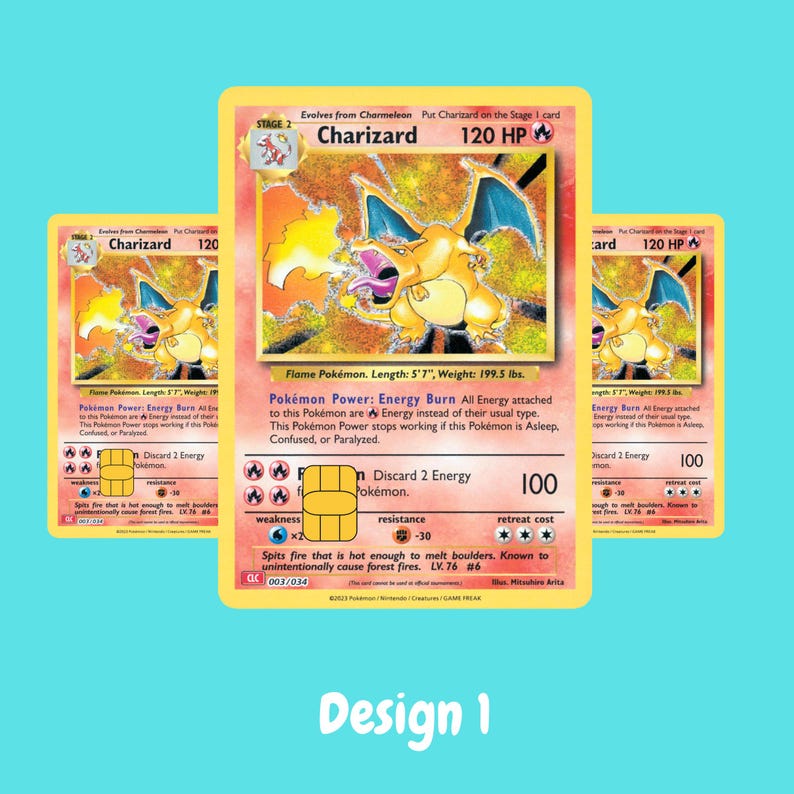 May include: Three Charizard trading cards featuring a gold-colored chip embedded on the surface. The cards display the character Charizard, 120 HP, and text including Pok&eacute;mon Power: Energy Burn. The word Design 1 is printed in white at the bottom.