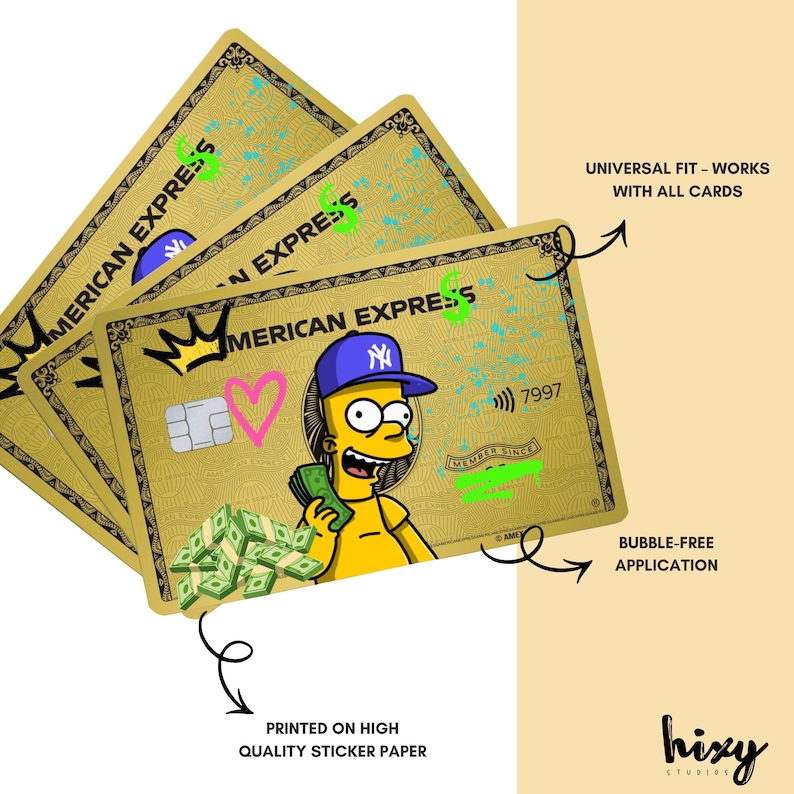 May include: Gold-colored sticker featuring a cartoon character with a blue cap and money, designed to look like an American Express card. The sticker has the words "American Express" and "Universal Fit - Works with all cards" printed on it.