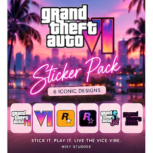 Op de afbeelding: Een stickerpakket met zes Grand Theft Auto VI-ontwerpen. De afbeeldingen bevatten het spellogo, het Romeinse cijfer VI en Rockstar Games-pictogrammen in levendige roze, oranje en zwarte kleuren. De tekst luidt Grand Theft Auto VI, Sticker Pack, 6 Iconic Designs, Stick it. Play it. Live the Vice Vibe. Hixy Studios.