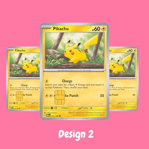 May include: Three Pikachu trading cards featuring a yellow character in a forest setting, each with 60 HP, a Charge attack, and a Pika Punch attack. A gold-colored rectangular chip is embedded on the lower portion of each card surface.