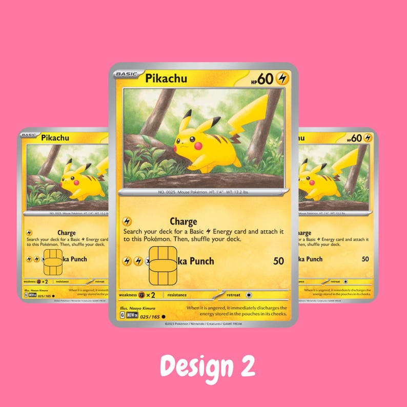 May include: Three Pikachu trading cards featuring a yellow character in a forest setting, each with 60 HP, a Charge attack, and a Pika Punch attack. A gold-colored rectangular chip is embedded on the lower portion of each card surface.
