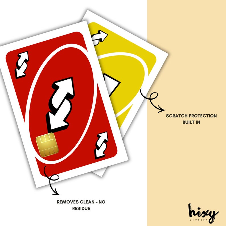 Puede incluir: Dos cartas estilo Uno, una roja y otra amarilla, con flechas blancas y texto. La tarjeta roja presenta un chip dorado. El texto en la imagen indica protecci&oacute;n contra ara&ntilde;azos y eliminaci&oacute;n limpia.