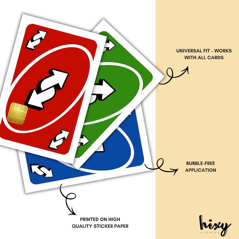 Puede incluir: Tres cartas Uno de reversa en rojo, verde y azul, con flechas blancas. Las cartas tienen un cuadrado dorado y el texto "UNIVERSAL FIT - WORKS WITH ALL CARDS", "BUBBLE-FREE APPLICATION", y "PRINTED ON HIGH QUALITY STICKER PAPER".