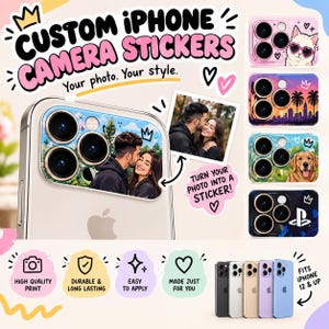 May include: Custom iPhone camera stickers featuring personalized photo prints. The display shows a smartphone with a custom sticker applied over the camera lens area, alongside various design examples including a cat, sunset, dog, and gaming logo.