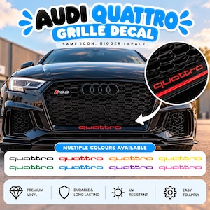May include: An Audi Quattro grille decal featuring the text 'quattro' in red on a black honeycomb car grille. The image includes a circular inset showing the decal applied, and a color palette showing black, red, orange, yellow, green, blue, purple, and pink options.