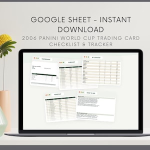 Könnte beinhalten: Ein Laptop zeigt eine Google Sheet-Checkliste und einen Tracker für 2006 Panini World Cup Sammelkarten. Der Bildschirm zeigt Registerkarten für Dashboard, Checkliste und 'nach Land'. Der Text oben lautet 'GOOGLE SHEET - INSTANT DOWNLOAD'.