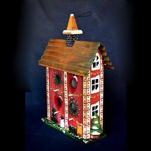 For Christmas - HANGING CHRISTMAS BIRDHOTEL,  A Hand Painted Holiday Birdhouse With Copper Roof for Winter and the Holidays
