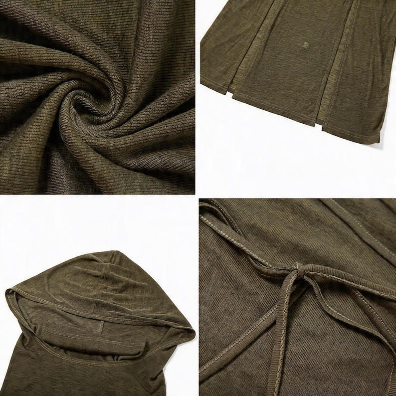 Pode incluir: Pe&ccedil;a de vestu&aacute;rio com capuz verde-oliva com textura canelada. O tecido &eacute; drapeado e amarrado nas costas. Close-ups mostram a textura e a constru&ccedil;&atilde;o da pe&ccedil;a.