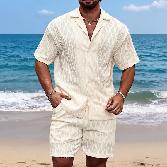 Men’s Summer Knit Shirt Set, Short Sleeve Button Up Shirt and Shorts Set, Beach Vacation Outfit, Casual Resort Matching Set for Men