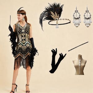 May include: A black and gold flapper dress with fringe, a feather headband, long black gloves, and pearl earrings. Accessories include a long black cigarette holder and a beaded necklace. The ensemble evokes a vintage 1920s aesthetic.