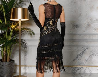 Vestido Gatsby com franjas e aplicações de miçangas, estilo anos 1920, vestido de festa Art Déco estilo melindrosa.
