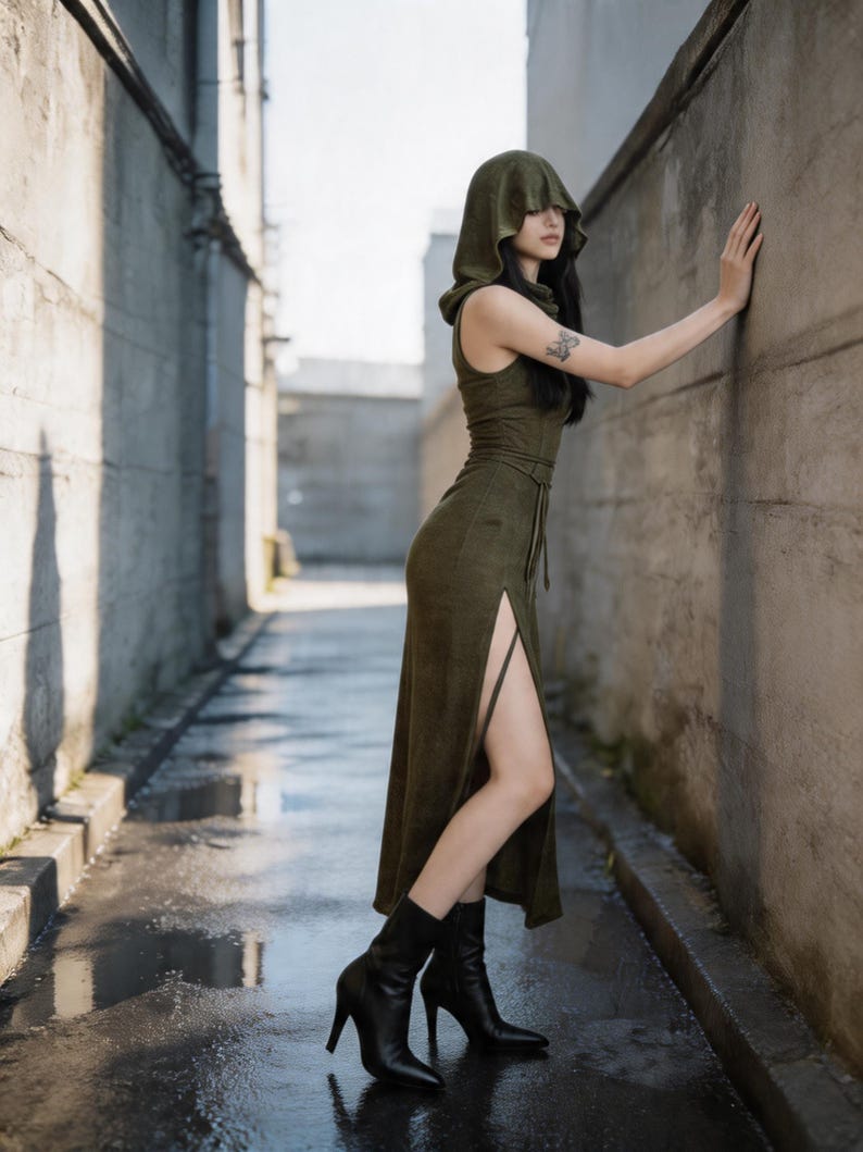 Pode incluir: Um vestido verde-oliva com capuz, fenda alta e cinto a condizer. O vestido &eacute; usado com botas pretas de salto alto. A pessoa est&aacute; num beco com pavimento molhado e paredes de bet&atilde;o.