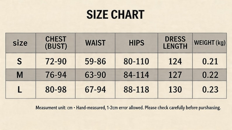Pode incluir: Uma tabela de tamanhos com medidas em cent&iacute;metros para peito, cintura, ancas, comprimento do vestido e peso. Os tamanhos incluem S, M e L. A tabela tamb&eacute;m inclui o texto "SIZE CHART".